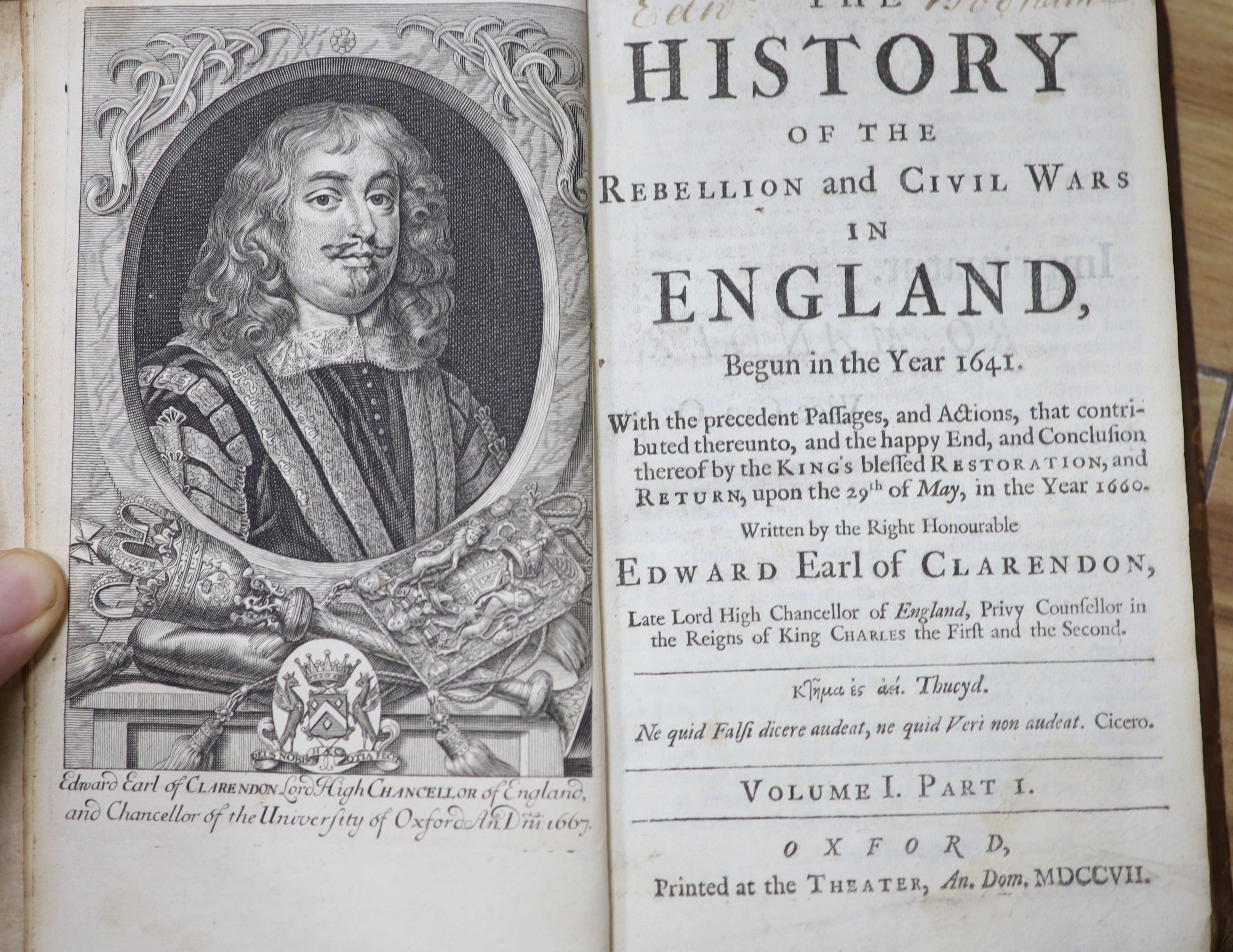 Clarendon, Edward Hyde (earl of) - The History of the Rebellion and Civil Wars in England, Begun in the Year 1641… 1st octavo edition. 3 vols (in 6). Complete with 4 illustrated frontispieces. Re-bound with old, panelled